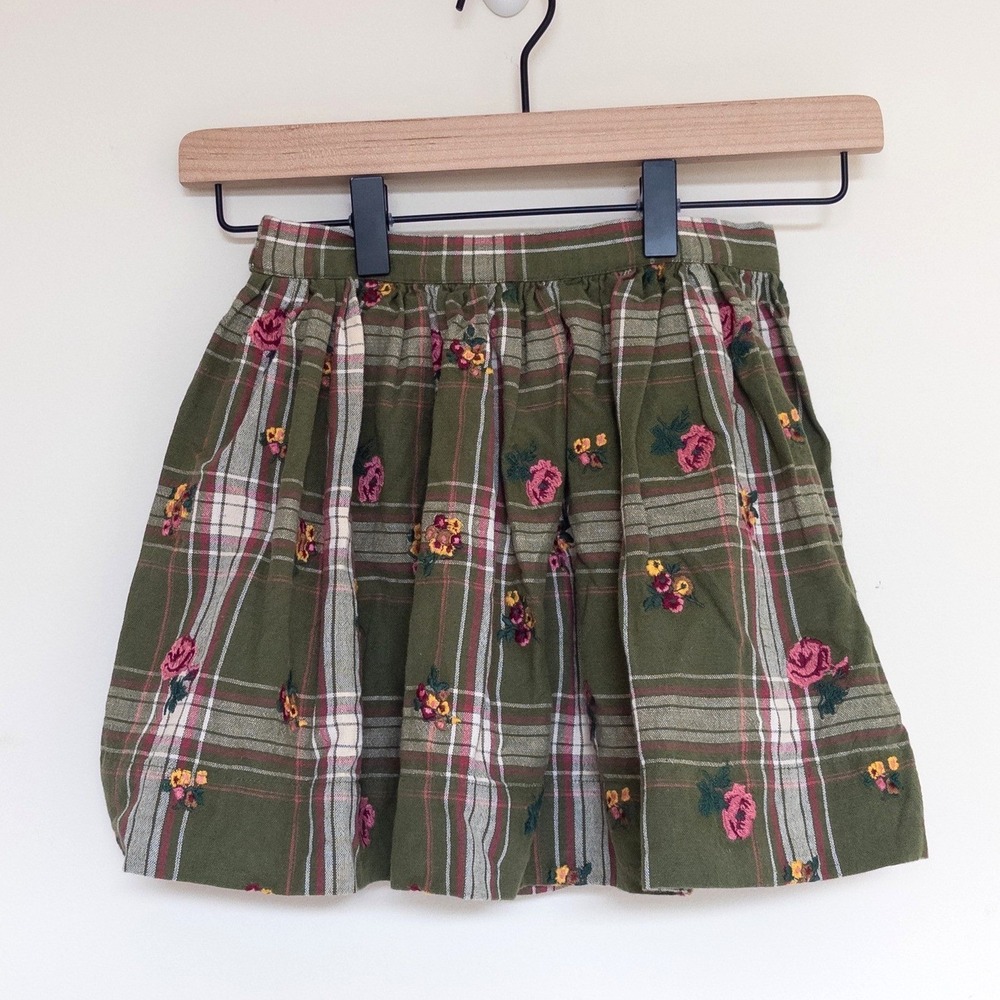 Petit Sezane Plaid Floral Embroidered Skirt Green Cotton Linen Kids Size 8